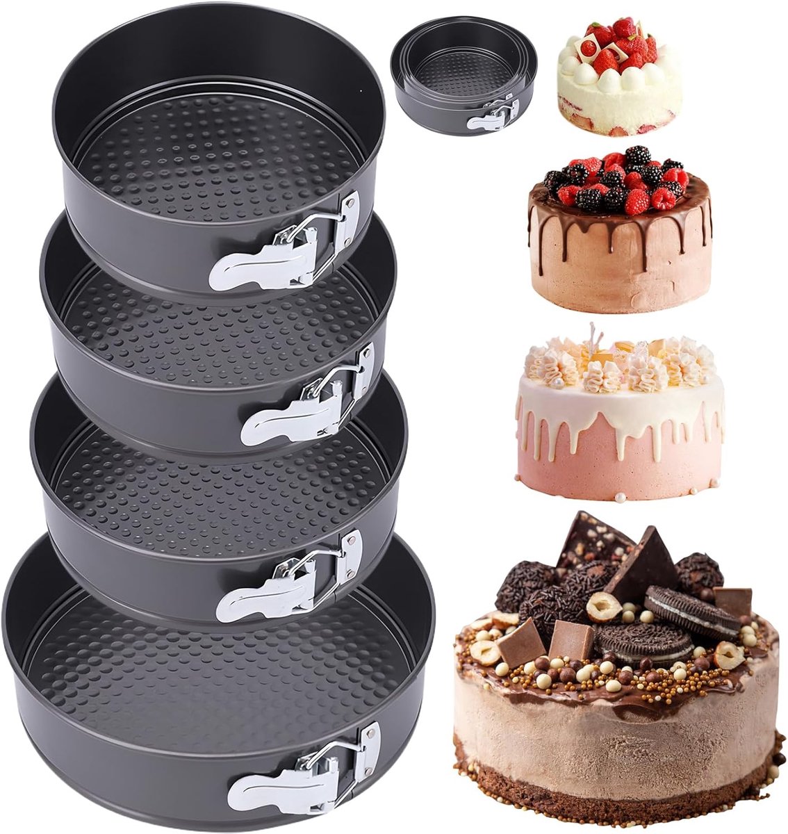 SnelShoppen - Set van 4 Springvorm Cakevormen 18/20/22/24 cm - Verwijderbare Bodem, Lekvrij, Antiaanbaklaag - Ideaal voor Taarten, Brood en Gebak in K