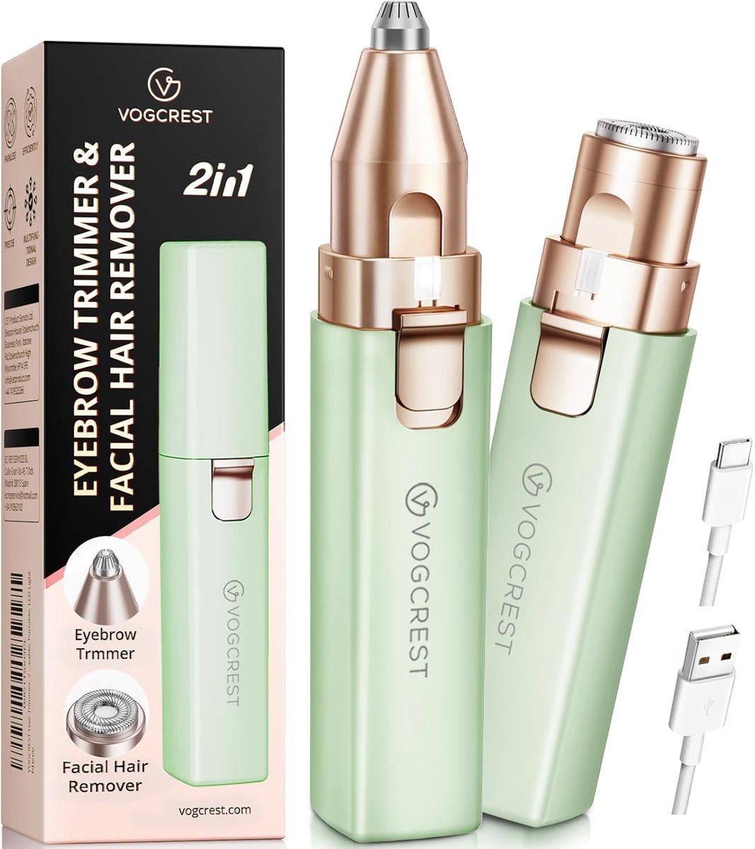 SnelShoppen - VOGCREST Tondeuse 2-in-1 Gezichtshaarverwijderaar en Wenkbrauwtrimmer voor Vrouwen, Oplaadbaar en Draagbaar met LED Licht, Perfect voor
