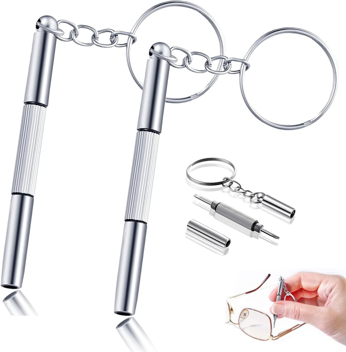 SnelShoppen - 3 In 1 Mini Schroevendraaier Set met Sleutelhanger, RVS, 2 Stuks, Ideaal voor Brillen, Horloge en Mobiele Telefoons, Draagbaar en Compac