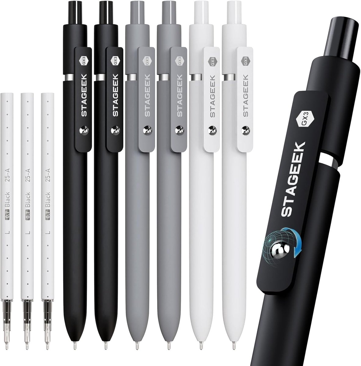 SnelShoppen - Gelpennen 6 Pack 0.7 mm Zwarte Inkt Balpennen met 3 Navullingen, Sneldrogend voor Kantoor, School, Tentamens, Modern Design