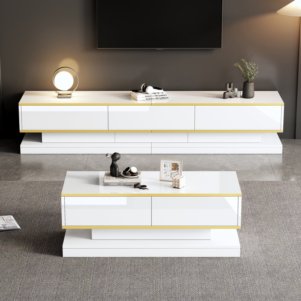 Wishdor - TV-meubel set - hoogglans opbergmeubel met lades - modern design - voor woonkamer - houtlook - wit met gouden accenten - 200 x 40 x 40 cm