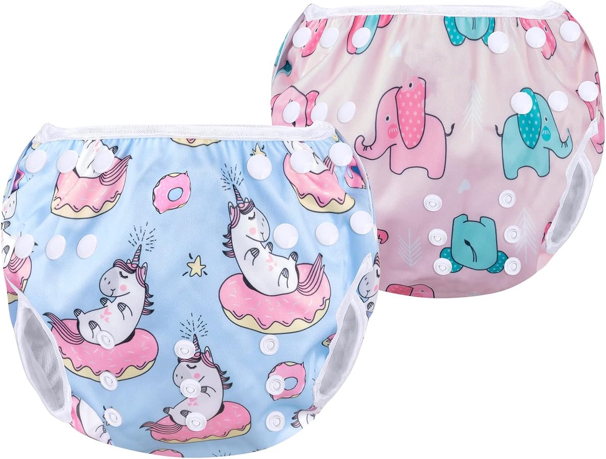 SnelShoppen - Herbruikbare Zwembandjes (Set van 2), Waterdichte Zwemluier voor Pasgeborenen (0-3 Jaar), Eenhoorn + Olifant, Soft Polyester, Comfortabe