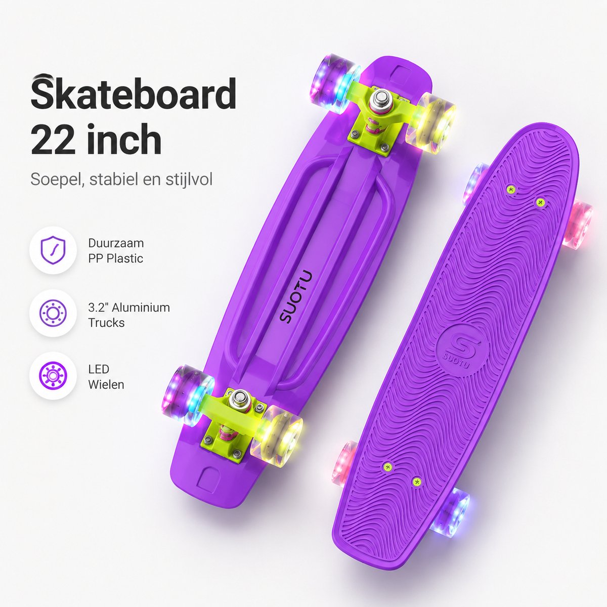 Suotu Skateboard - Skateboard Jongens – Wielen met LED-verlichting - ABEC-9 - Tot 50 kg - Skateboard Meisjes – Skateboard Volwassenen - Paars — afbeelding 5