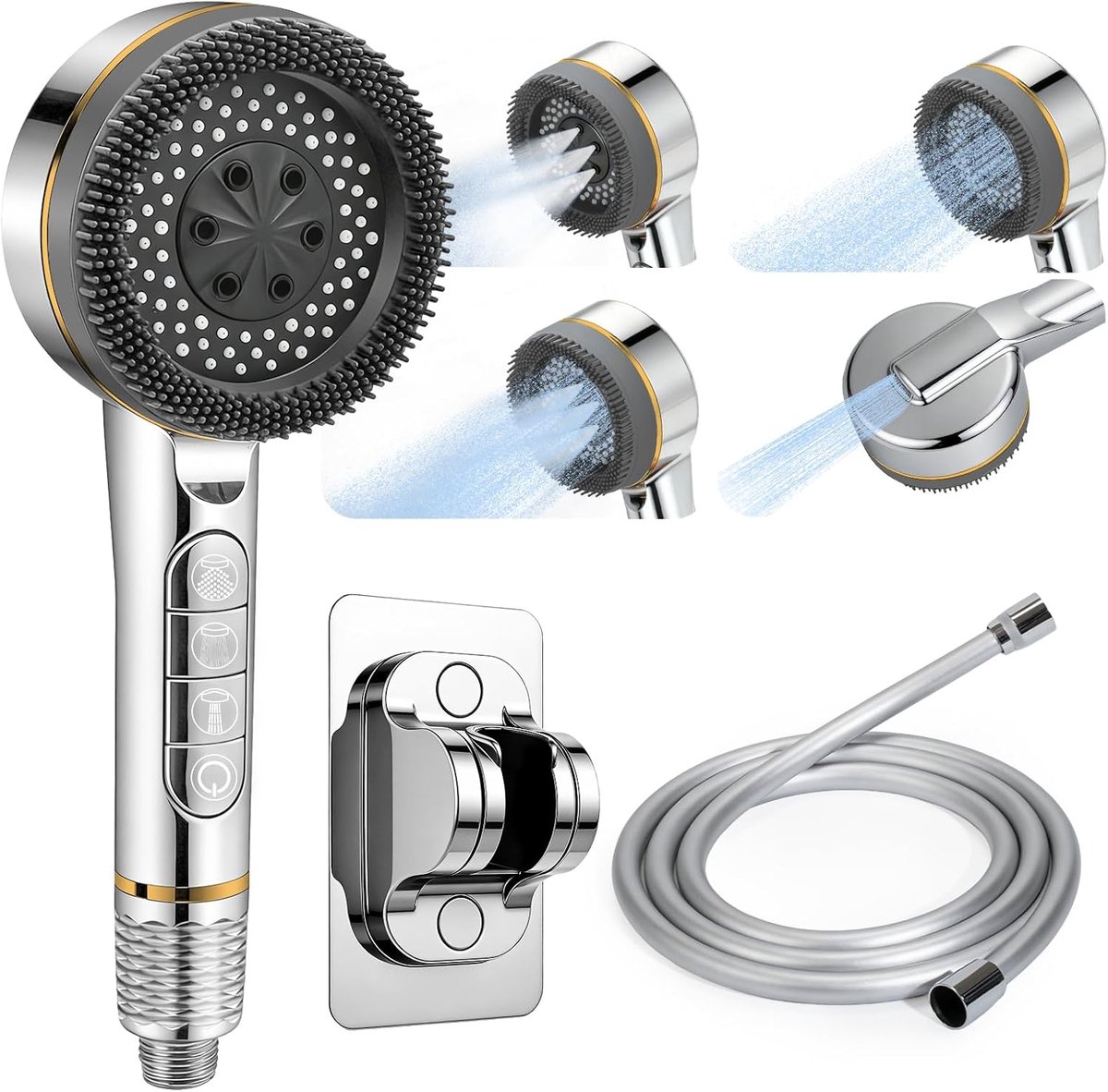 SnelShoppen - High Pressure Handdouche met Filter, 4 Massage Stralen, Waterbesparende Douchekop met 1.5m Slang en Houder (Zilver)