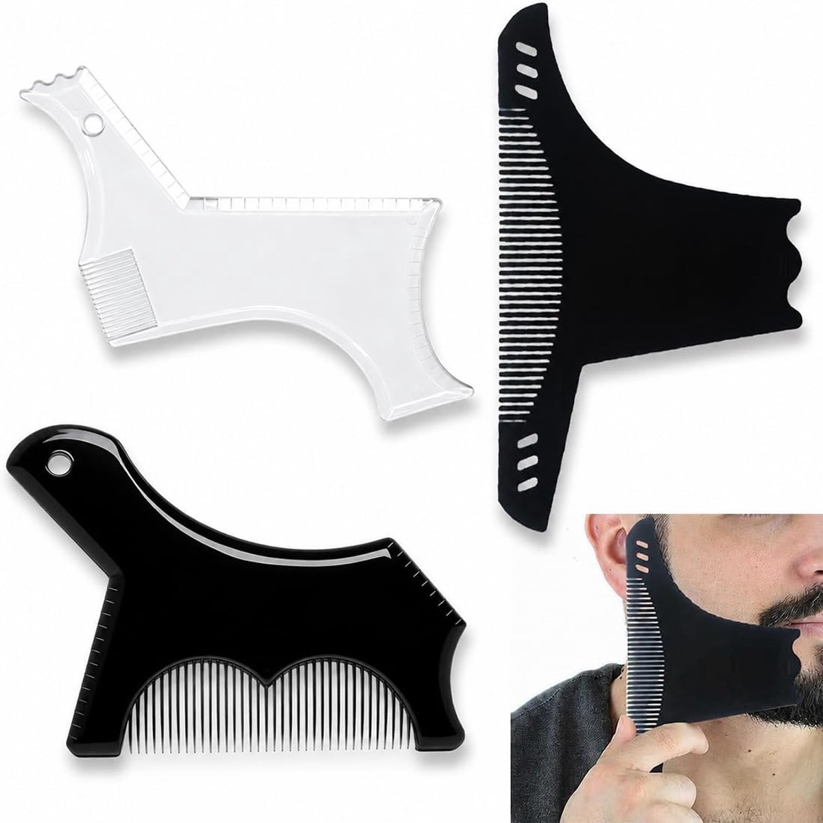SnelShoppen - 3-delige Baardmodelleringsset voor Mannen - Baardstylingsjabloon met Kam - Precisieontwerp voor Perfecte Symmetrie - Ergonomisch en Irri
