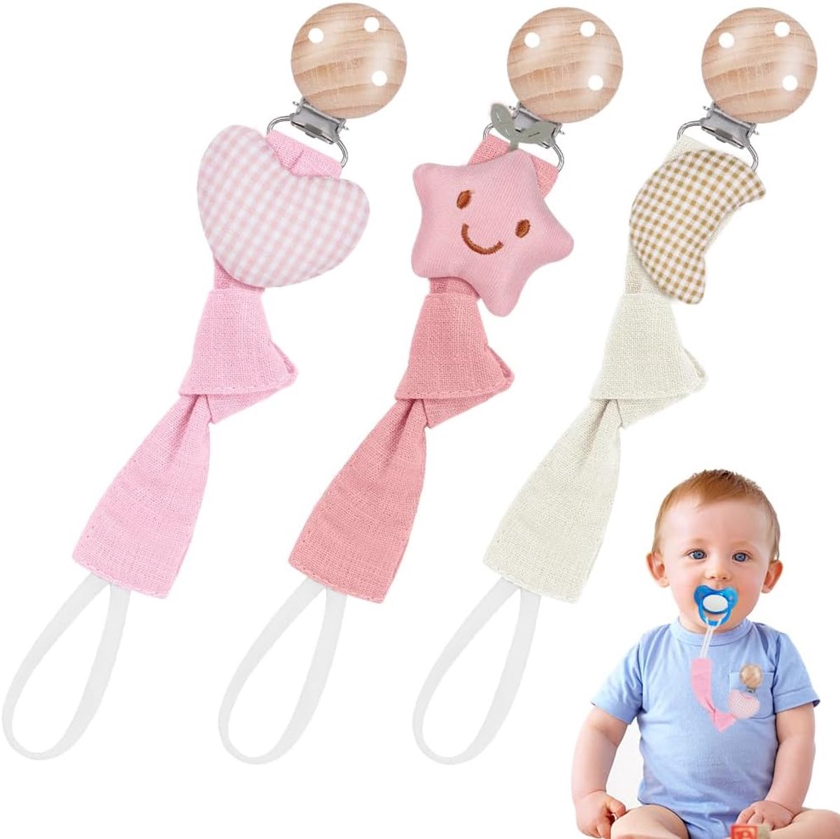 SnelShoppen - Pacifier Clip voor Baby's - 3 Stuks - Katoenen Fopspeen Ketting voor Jongens en Meisjes - Veilig Beukenhout - BPA-vrij - Perfect Cadeau