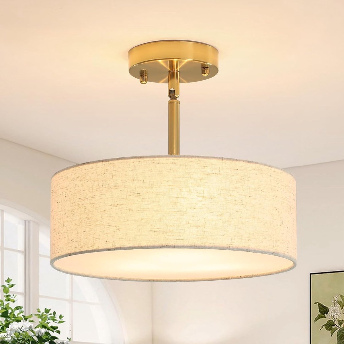 SnelShoppen - Gold Ceiling Light 3 Lampen, Semi Ingebouwde Verlichting, Gouden Chandelier met Witte Lampshades voor Woonkamer, Slaapkamer, Hal