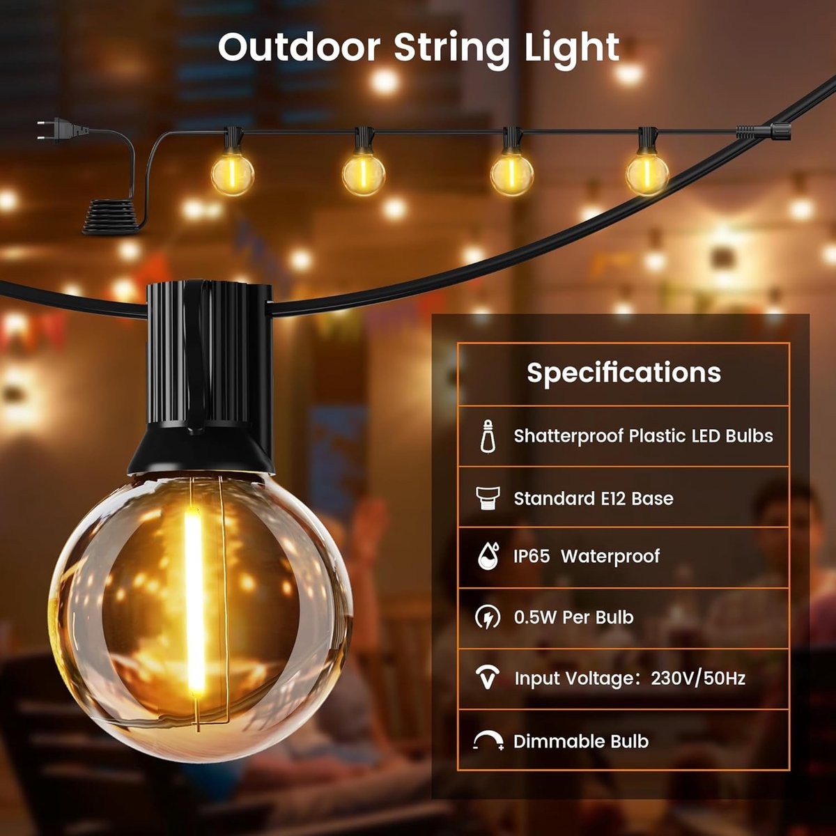 SnelShoppen - 16m Outdoor LED Fairy Lights - Dimmable G40 Plastic Lichtjes - Warm Wit 2200K - Waterdicht en Schokbestendig - Tuin, Patio, Veranda - Me