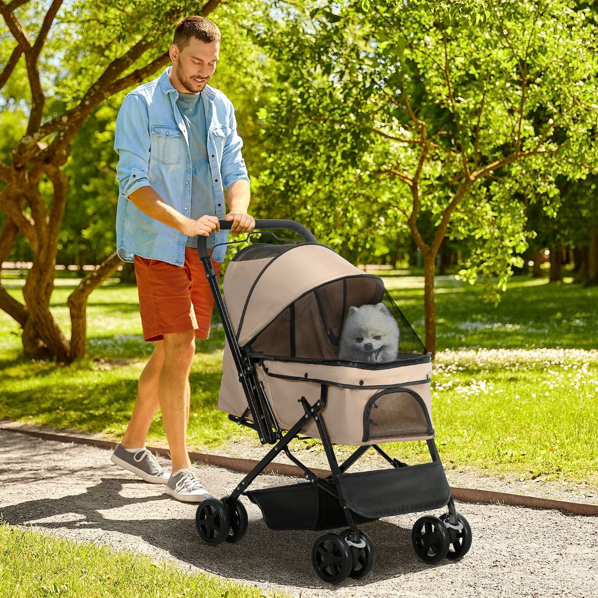 MIVRAY Hondenbuggy – Opvouwbaar Met 4 Wielen En Remmen – 76,5 x 52 x 95 cm – Polyester – Bruin – Voor Kleine Honden Met Opbergruimte