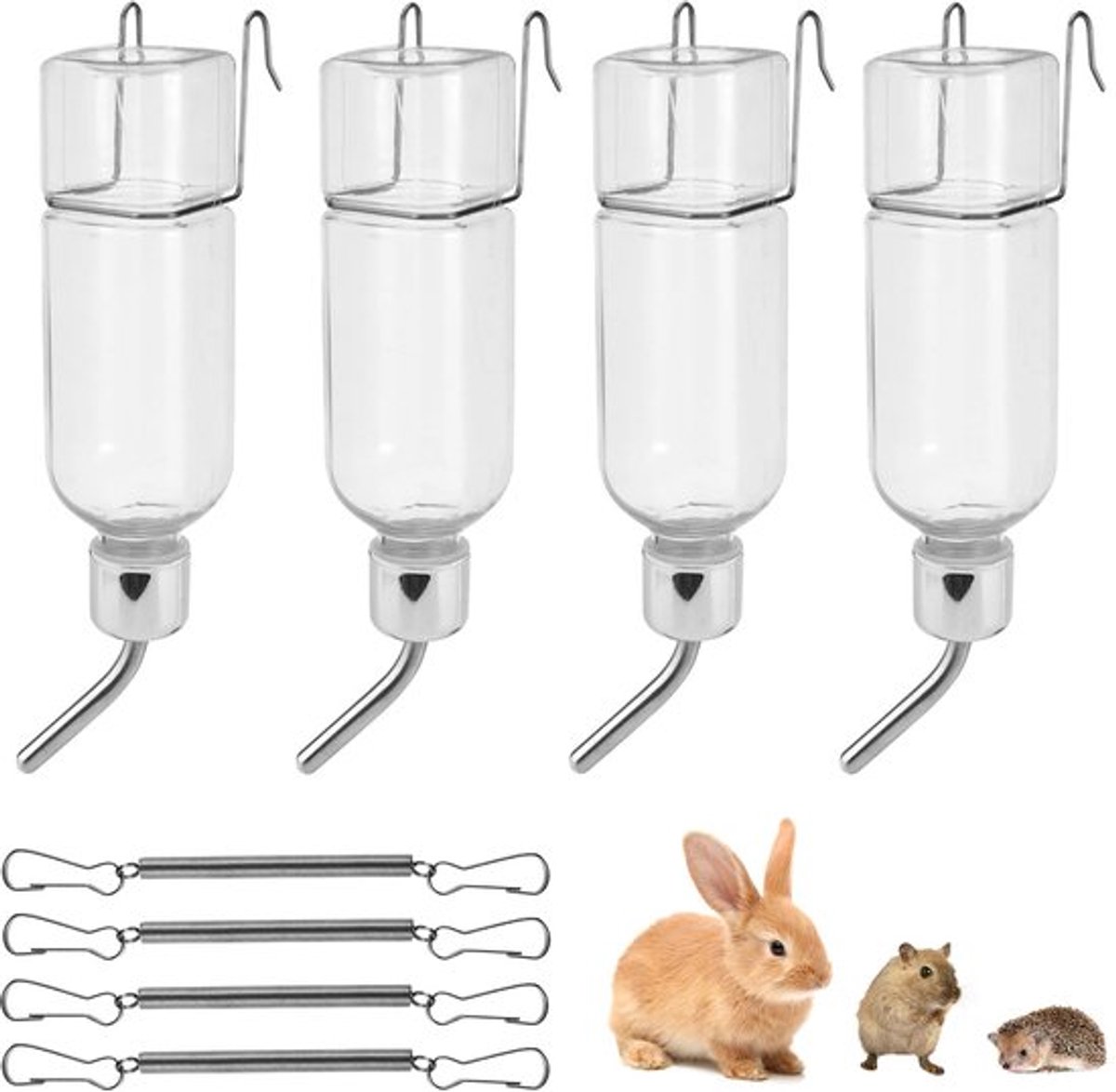 Verpakking van 4 drinkflessen voor konijnen met houder: 350 ml hangende waterflessen voor huisdieren, automatische drinkfles met houder, drinkfles voor cavia's voor konijnen, hamsters en chinchilla's