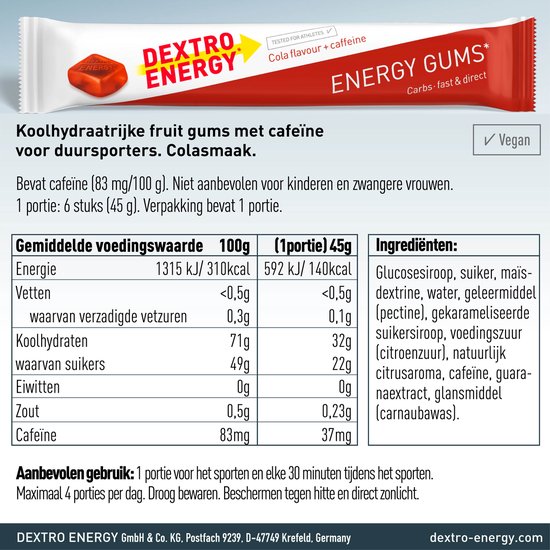 Dextro Energy Energie Gums - Cola + Caffeine Energie Bar - Vegan Energie Reep - 8 porties (8 x 45 gram ) — afbeelding 2