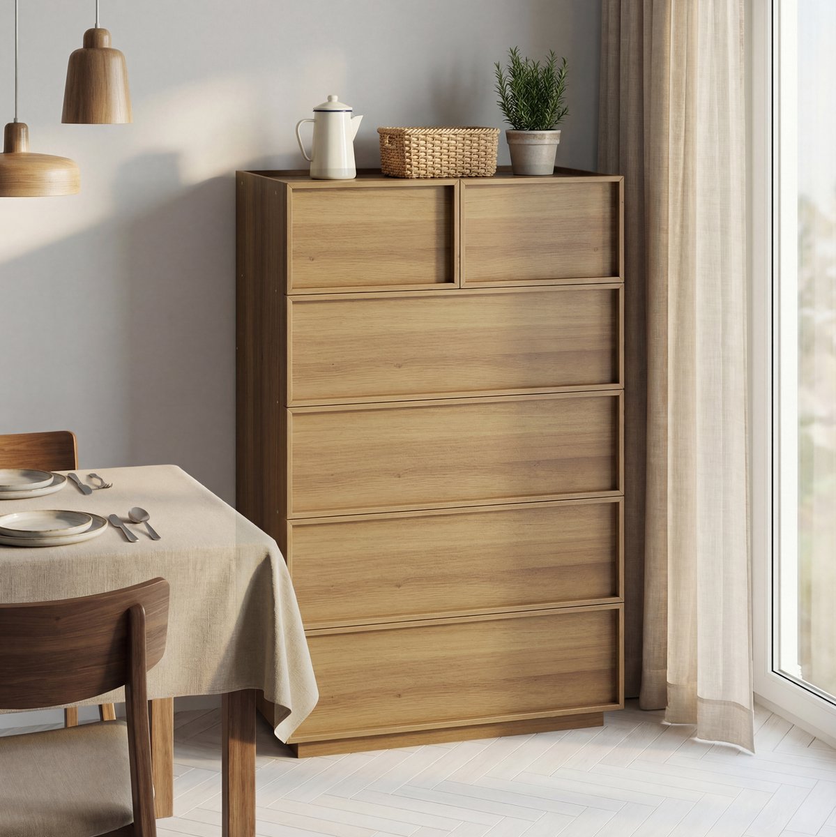 Wishdor - Kast - zes lades - greeploos opbergmeubel - modern minimalistisch - slaapkamer en woonkamer - houtlook - eikenkleur - 80 x 48 x 127 cm