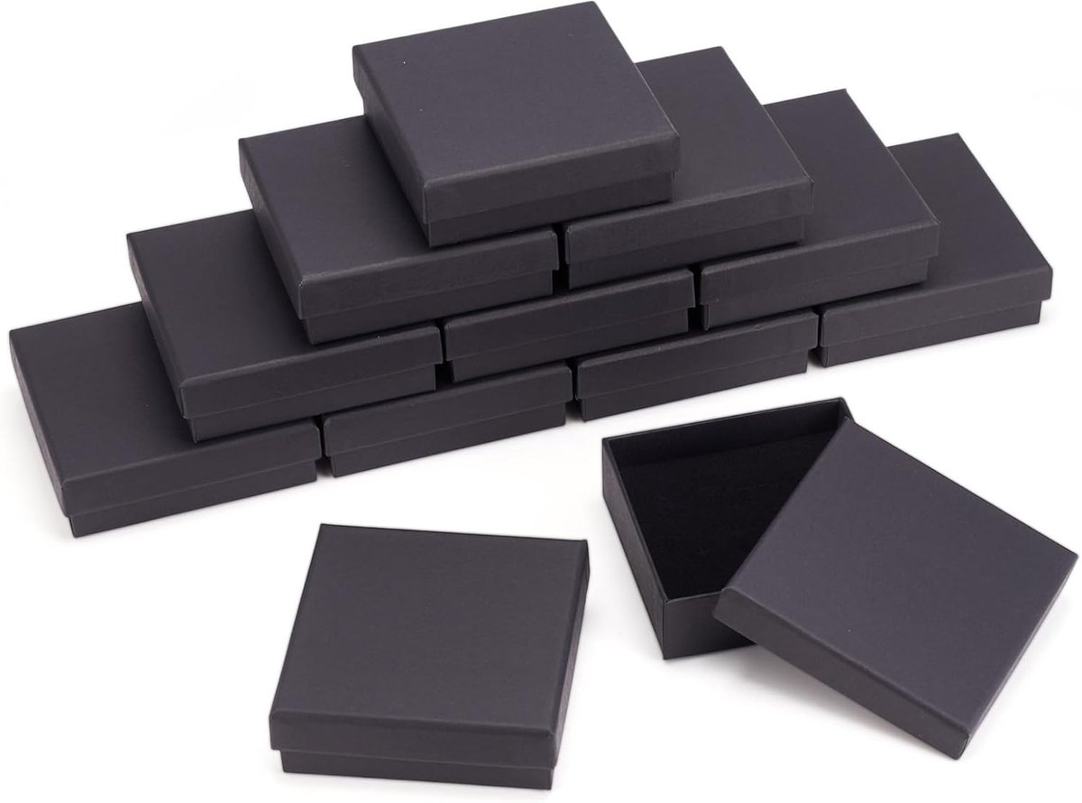 SnelShoppen - 18Pcs Zwarte Kraft Sieraden Dozen Met Deksel - Vierkante Kartonnen Geschenkdoos Voor Armbanden, Hangers, Sieraden Opslag, 9.1x9.1x2.9cm