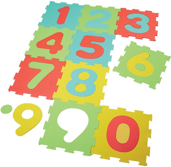 Kleurrijke schuimrubberen puzzelstukken met de cijfers 0 tot 9 in verschillende kleuren.