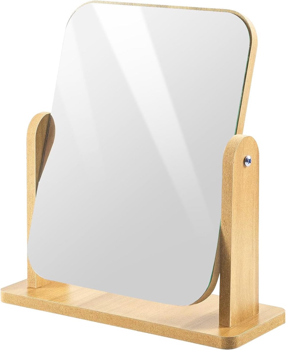 SnelShoppen - 360 Graden Draaibare Houten Make-upspiegel - Staande Tafelspiegel 22 x 17 cm - Vrijstaand voor Badkamer, Slaapkamer, Kaptafel - Modern e