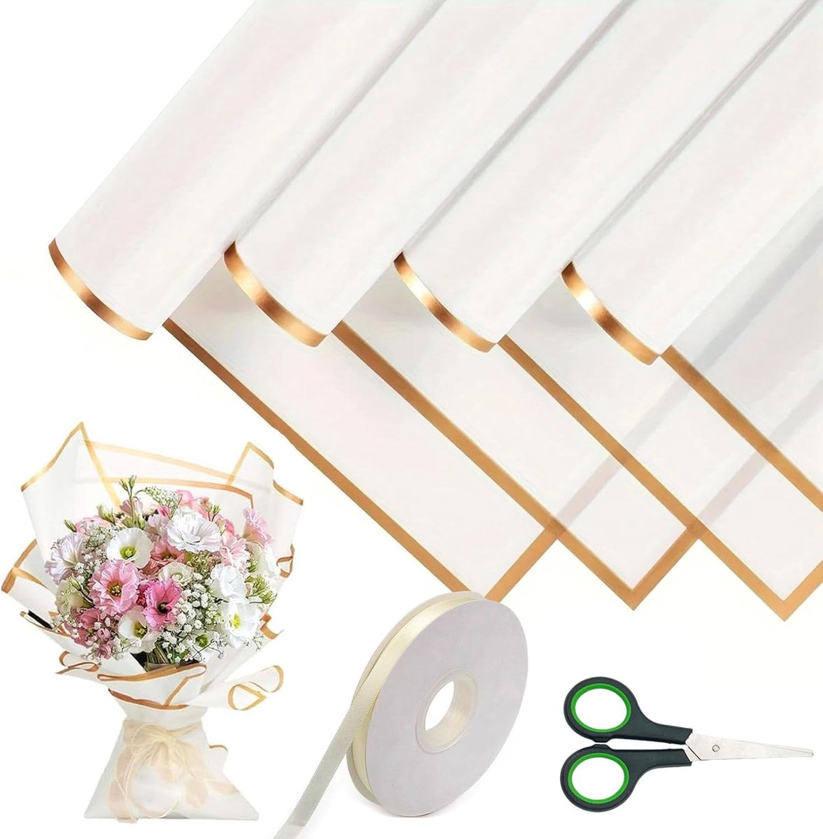 SnelShoppen - Boeket cadeaupapier 20 vellen decoratiepapier met 1 rol 40m lint en schaar, waterdicht bloemenverpakkingspapier, 58x58 cm, wit voor gesc