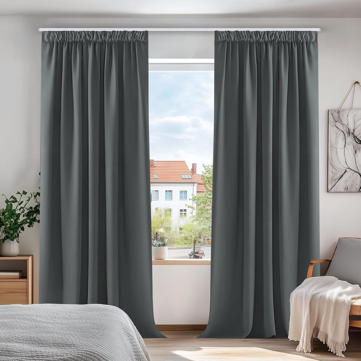SnelShoppen - Verduisterende Gordijnen Plooiband 140x175 cm - 2 Stuks - Donker Grijs - Kant en Klaar Gordijnen voor Woonkamer en Slaapkamer - Hoogwaar
