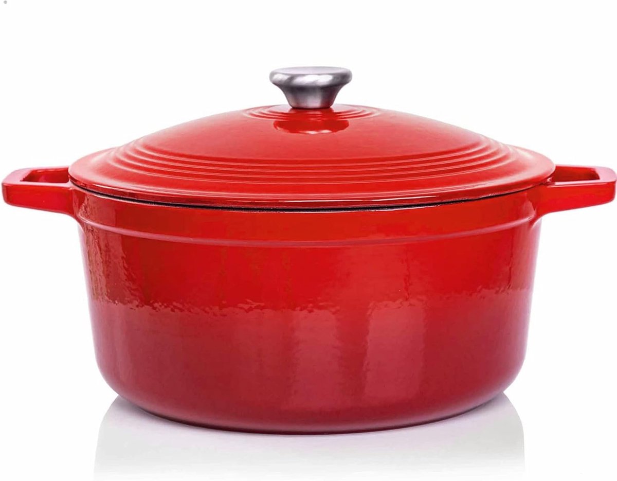 SnelShoppen - Emaillé Gietijzeren Stoofpan 6L Ø28cm Rood Rond, Duurzame Casserole Geschikt voor Inductie/Gas/Oven, Gelijke Warmteverspreiding, Authent