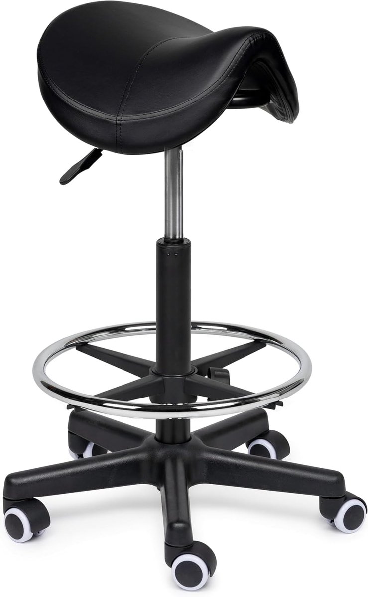 SnelShoppen - Premium Zadelkruk/Kapperskruk Zwart - Ergonomische Zadelstoel - In Hoogte Verstelbaar (70-85cm) - Met Voetsteun - Comfortabele Kunstlede