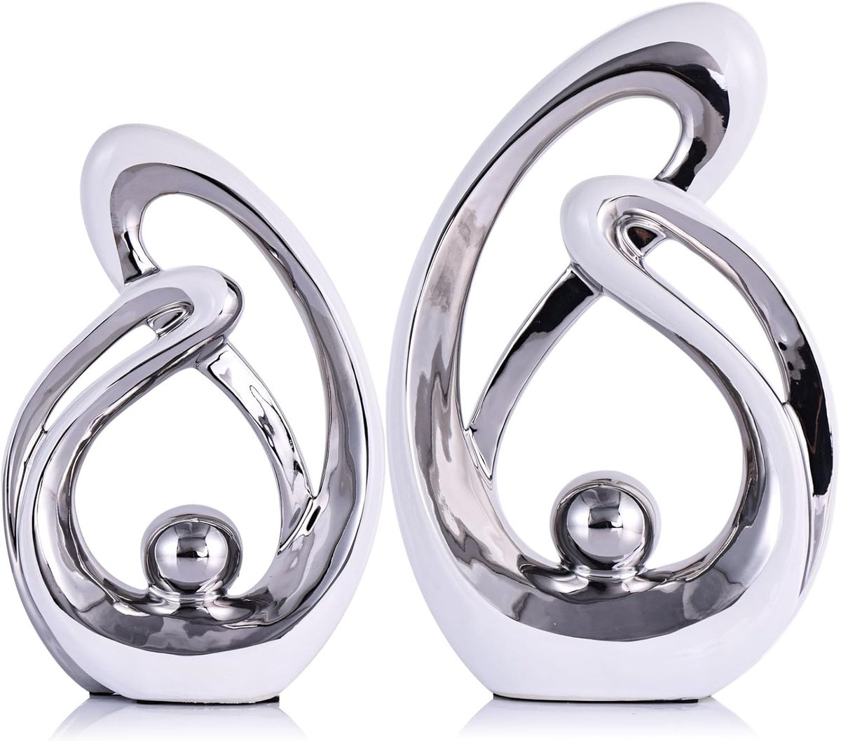 SnelShoppen - 2x Modern Abstract Art Keramiek Decoratie Beeld en Sculptuur, Ocean Wave Beeld voor Tafel Decoraties, Witte en Zilveren Decoratie voor E