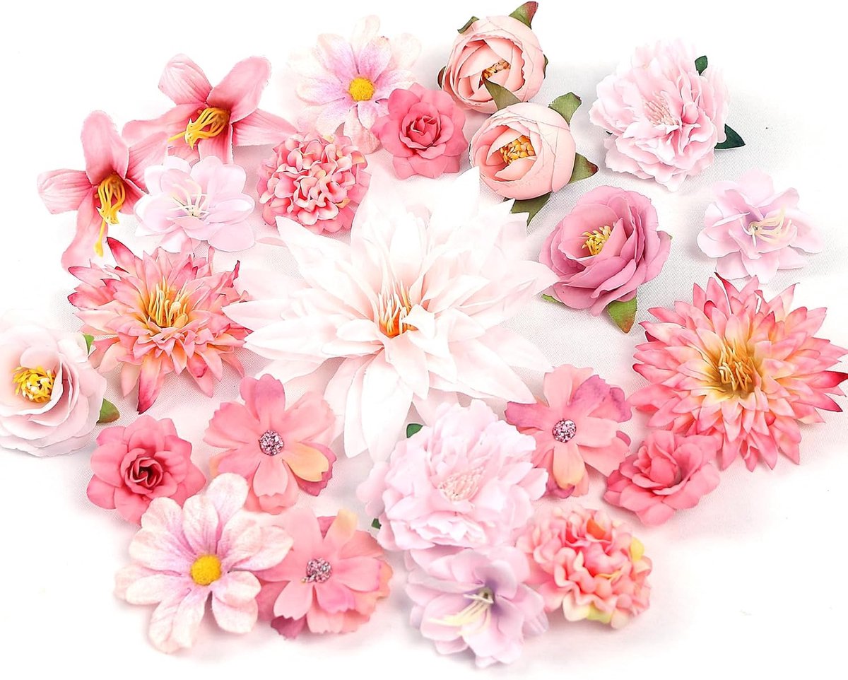 SnelShoppen - 24 Stuks Kunstbloemen voor Creatieve Projecten, Roze Kunstbloem Cups, Mix van Zijde Bloemen voor DIY, Scrapbooking, Bruiloften en Feestd