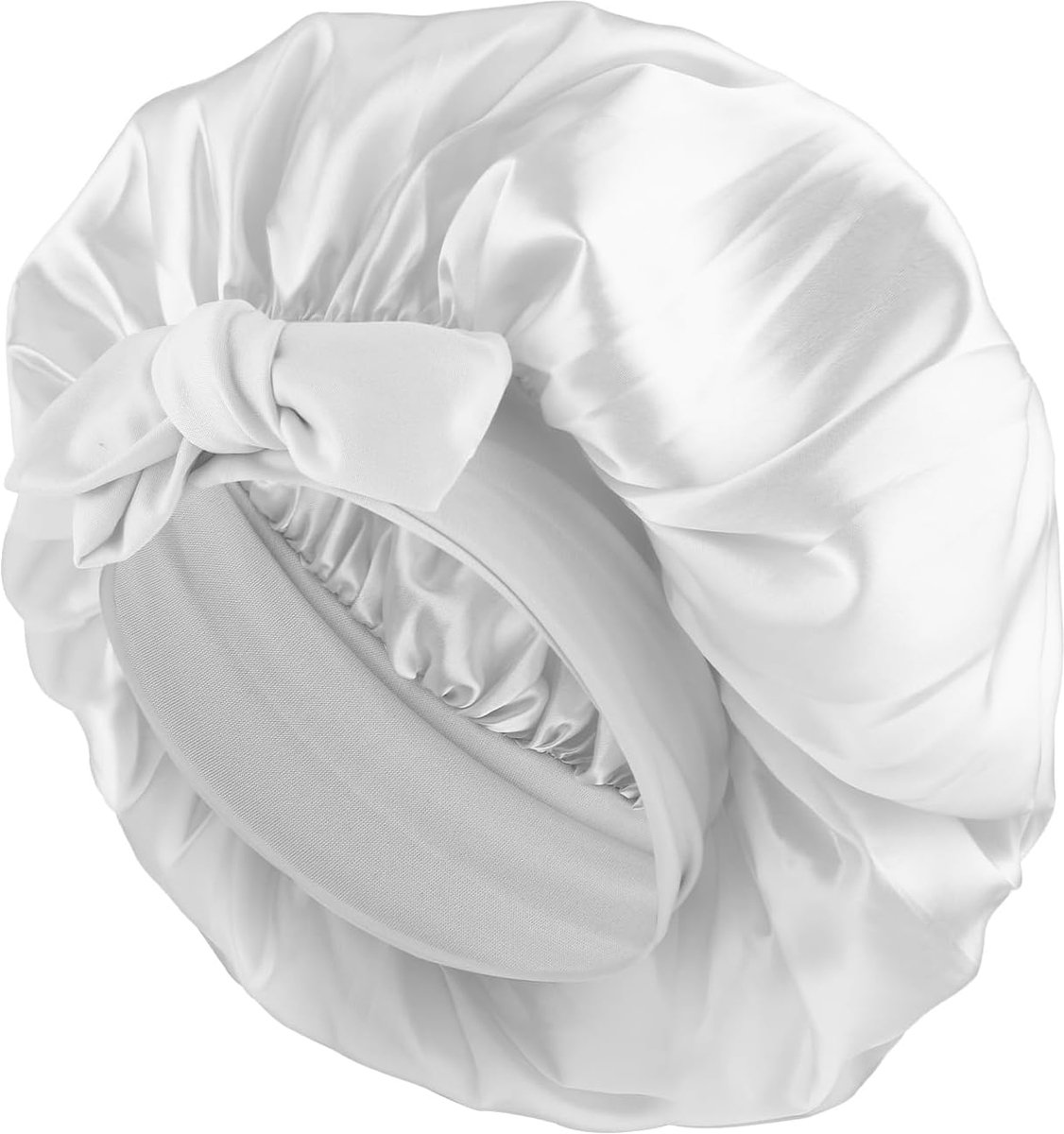 SnelShoppen - Satin Sleep Cap voor Vrouwen, Zachte Zijde Haar Bonnet met Touwband, Ideaal voor Krullend Haar en Vlechten, Wit, 1 Stuk voor Nachtelijk