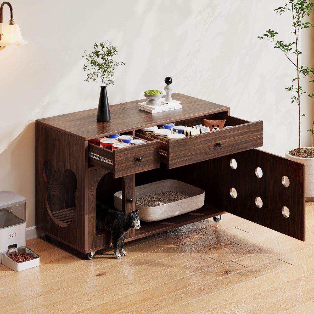 MODENUIT Kattenbakcontainer – 100 x 45 x 66 cm – Walnootkleur – Met Laden, Wieltjes en Ventilatie