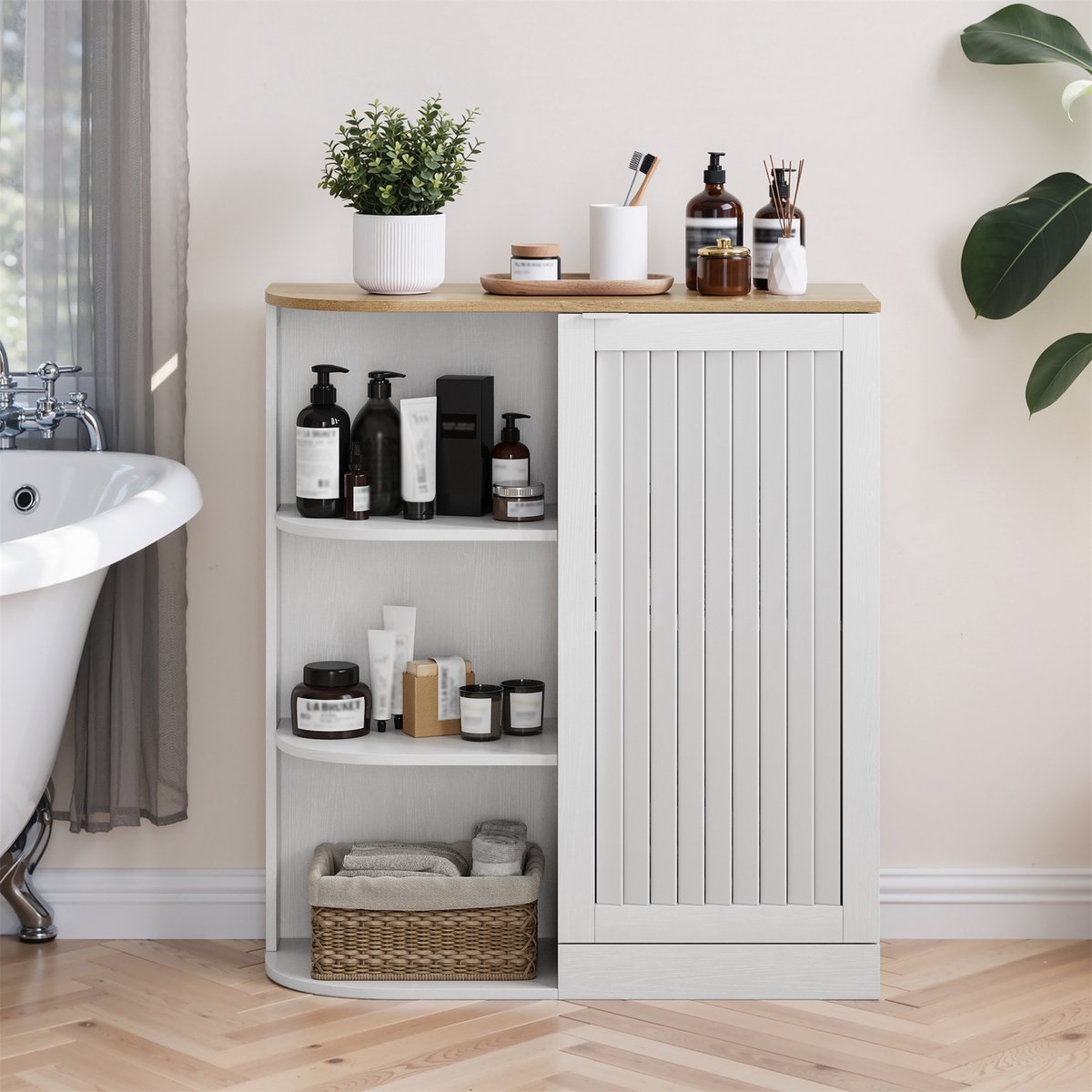 Wishdor - Hoekkast - Open en gesloten opbergruimte - Verstelbare planken - Scandinavische stijl - Badkamer of woonkamer - Houtlook - Wit eiken - 68 x 25 x 76 cm