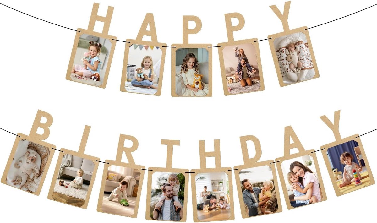 SnelShoppen - Happy Birthday Photo Banner - Kraft Paper Foto Album Garland - Feestdecoratie voor Kinderen en Volwassenen - 13 Foto Kaarten - Natuurlij
