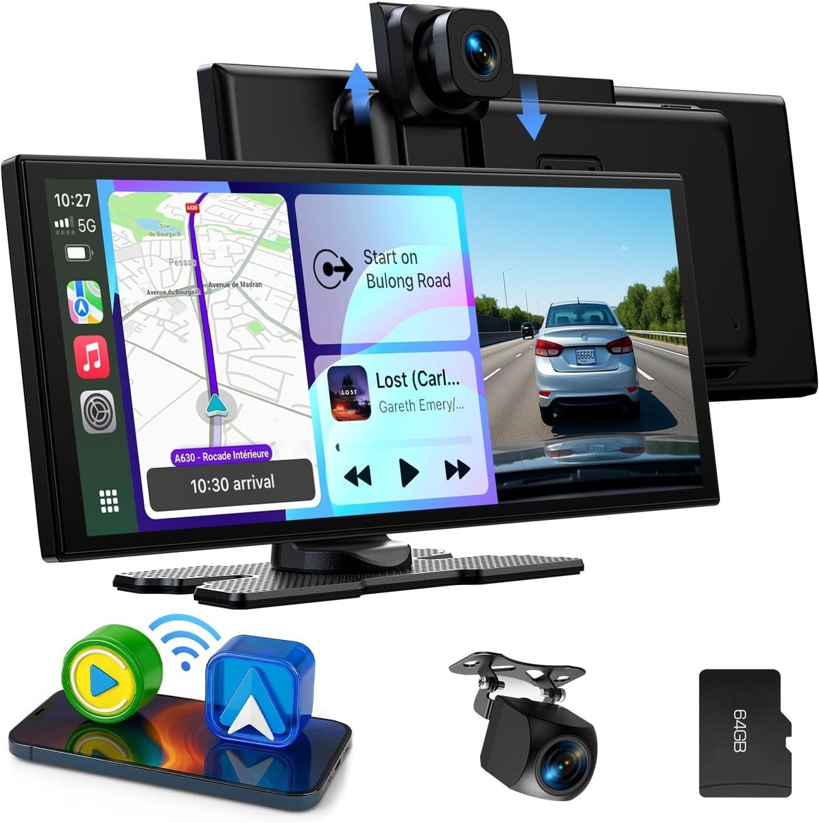 SnelShoppen - Draadloze CarPlay Android Auto Display 10.25 inch In-Cell Touchscreen met Dashcam 2.5K + 1080p, Spraakbesturing, Navigatie, Bluetooth, F