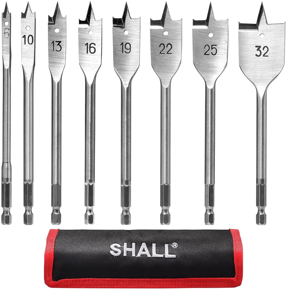 SnelShoppen - 8-delige Houtboorset Set met Snelle Verandering Hexas, 6-32 mm Diameter, Flate Boor voor Hout, Hoogwaardige Koolstofstaal, Inclusief Opb