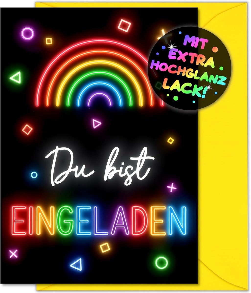 SnelShoppen - 12x Neon Verjaardagsuitnodigingen voor Kinderen + 12 Enveloppen - Kleurrijke Luminous Party Kaarten voor Jongens, Meisjes, Tuinfeesten,