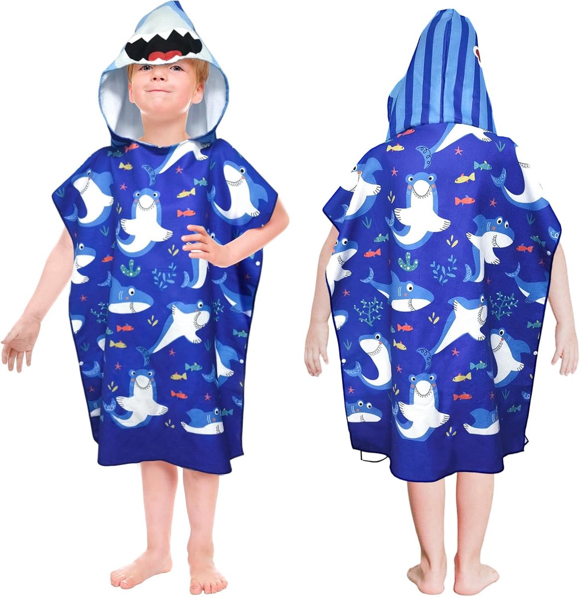 SnelShoppen - Kinder Strandhanddoek met Kap, Poncho Badhanddoek, Microvezel voor Jongens en Meisjes, Multi-Shark, 75x180cm, Geschikt voor 3-16 Jaar