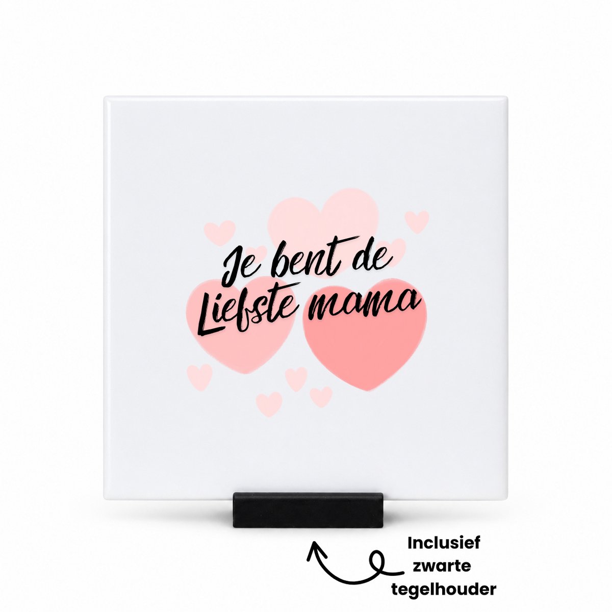 Hacebo Je bent de liefste mama met hartjes achtergrond tegeltje met tegelhouder - Mama - Liefste mama - tegeltjes met tekst - moederdag cadeautje - Cadeau voor mama - Verjaardag - Geschenk - Cadeau - Gift - spreuktegels - 10.8x10.8 CM Wit