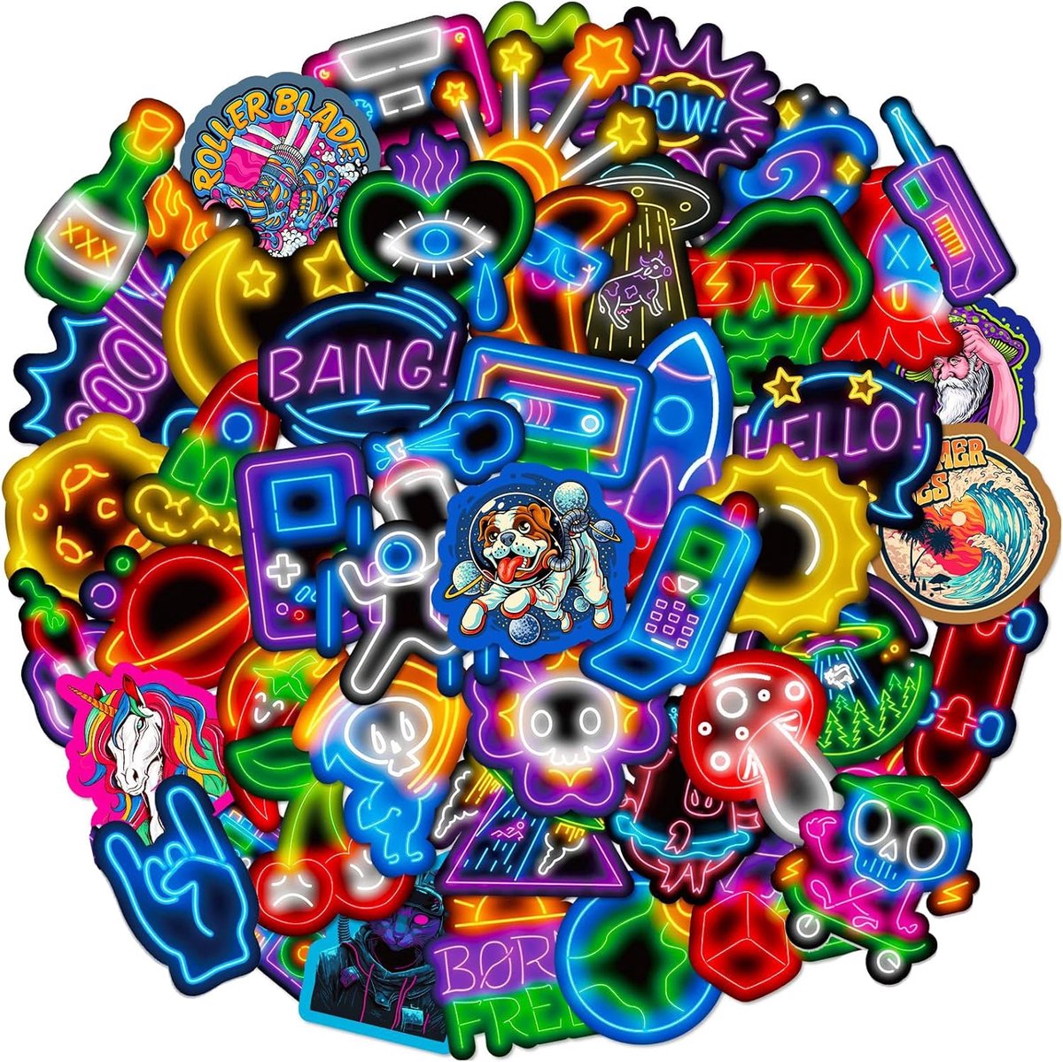 SnelShoppen - Neon Dazzle Stickers 3.5-5 cm - Waterproof Mix & Match Stickers voor Laptop, Skateboard, Fiets, Koffer, Helm, Auto, Motor - Psychedelisc