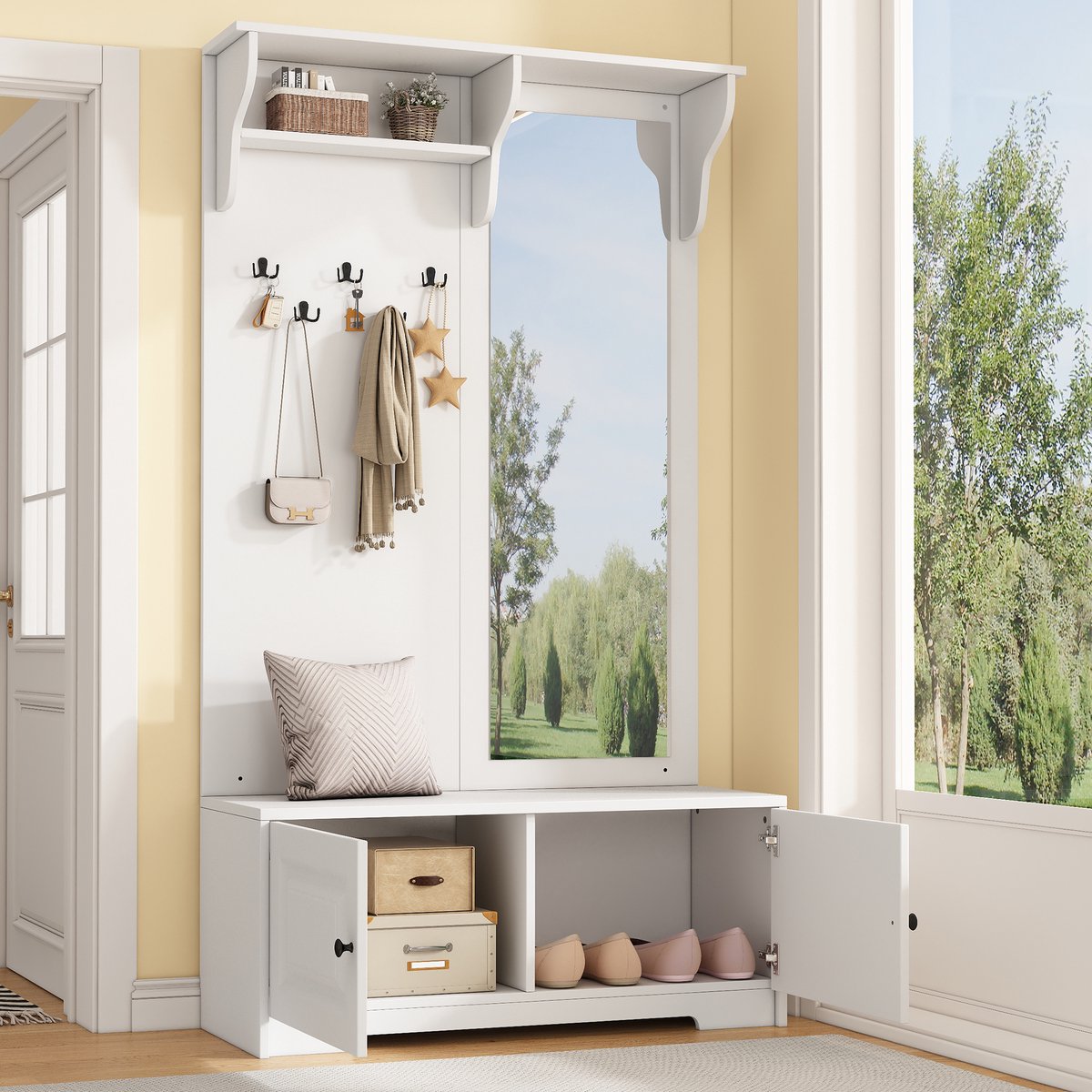 Wishdor - Halmeubel - Garderobe met spiegel - 5 kledinghaken en schoenenkast - Scandinavische stijl - Voor de hal - Houtlook - Wit - 100 x 40 x 180 cm