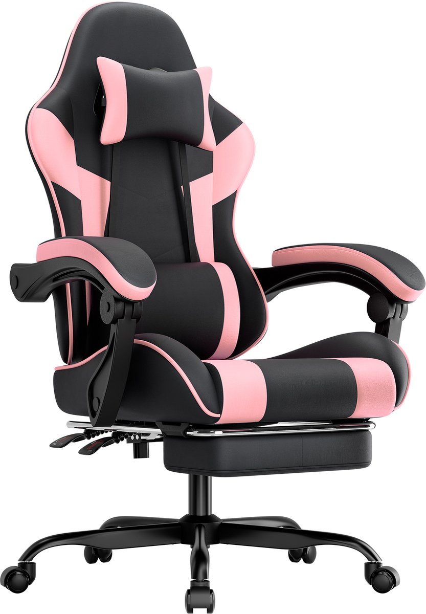 Ergonomische Gaming Stoel - Met Lendensteun - Verstelbare Zithoogte en Rugleuning - Draagvermogen tot 200 kg - Ademend PU-leder - Comfortabele Computerstoel - Zwart-roze kleur