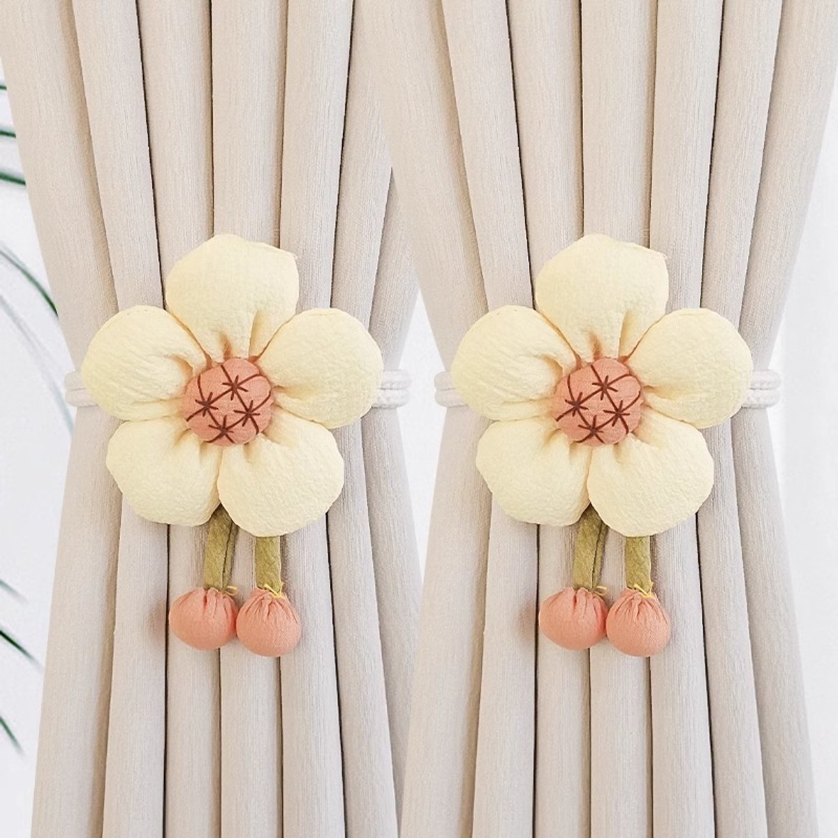 Gordijnhouder - Gordijn Embrasse Modern - Gordijnbinder Touw - Vijfsterrenbloem Gordijnbinders - Verstelbaar Lint - Bloem Ook Als Broche - 45cm - Geen Boren - Voor Woonkamer/Slaapkamer - Geelbeige - 45cm Per Stuk - 2 Stuks