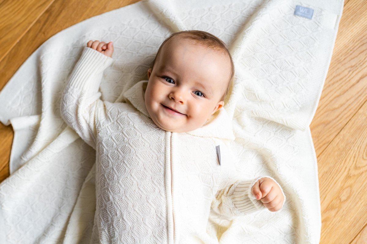 Babyschenkset van merino wol met diamantpatroon - Deken, romper en mutsje - wit - 0-3 maanden