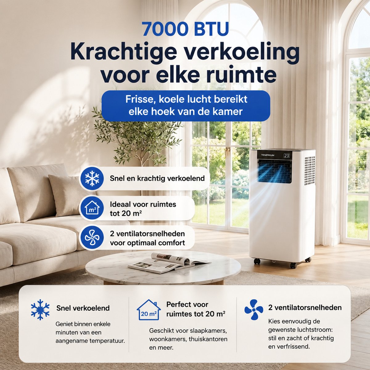 Temprium mobiele airco 7000 BTU SMART - Met afvoerslang - Draagbare Airco met App Bediening – 3 in 1 Koelen, Ventileren & Ontvochtigen – Airco Voor Slaapkamer en Woonkamer – Inclusief Raamkit — afbeelding 16