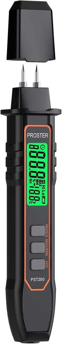 Thijox - Proster Houtvochtmeter - Pin-type Vochtmeter met 2 Modi (Hout en Gebouw), 7 Metingstypes, 3 Kleuren Schermlogboek voor Brandhout, Hout, Bakst