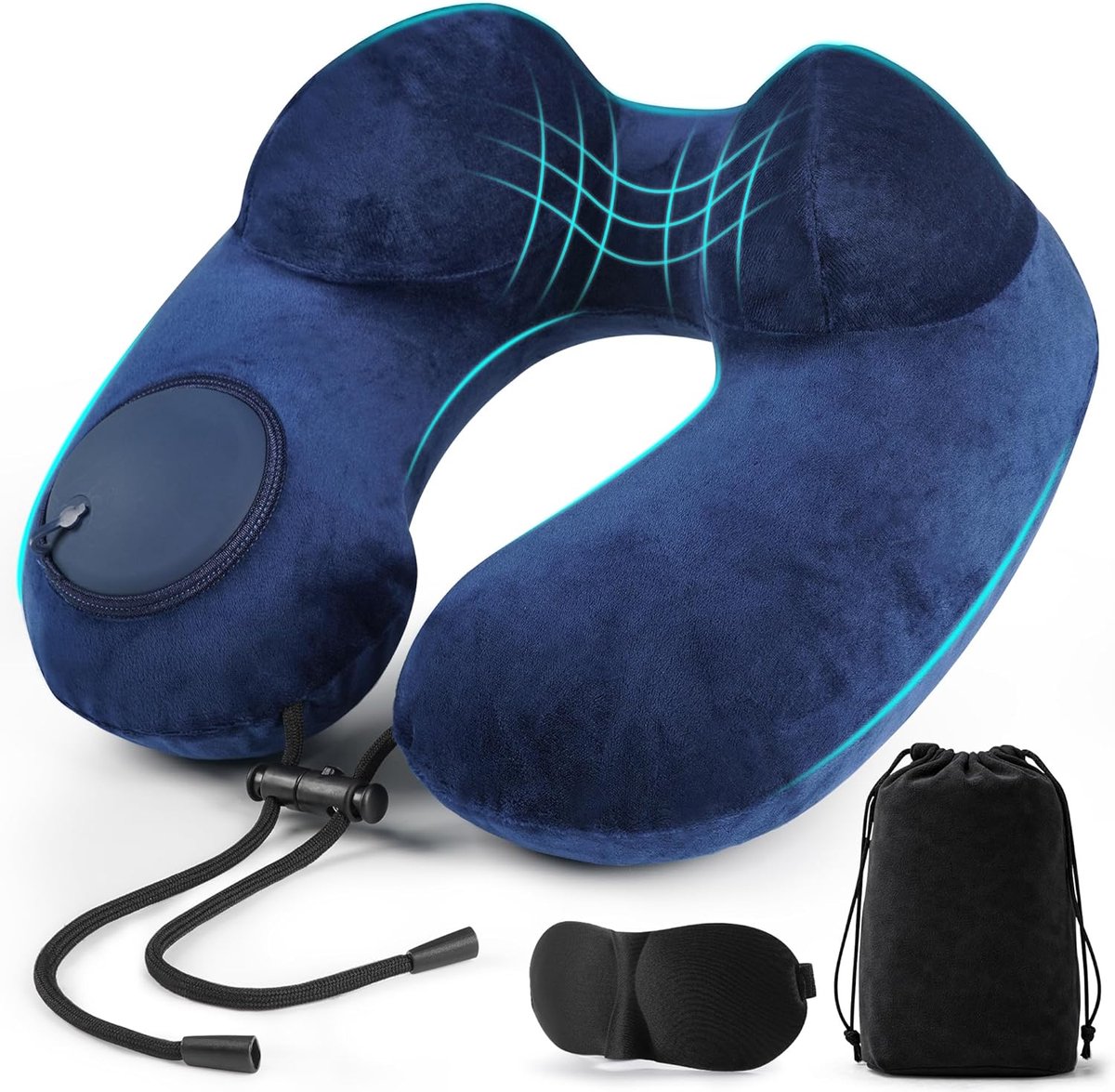 SnelShoppen - Opblaasbaar Nekkussen Vliegtuig Ergonomisch Draagbaar Reiskussen met Oogmasker en Draagtas - Upgrade Versie Donkerblauw - Perfect voor R