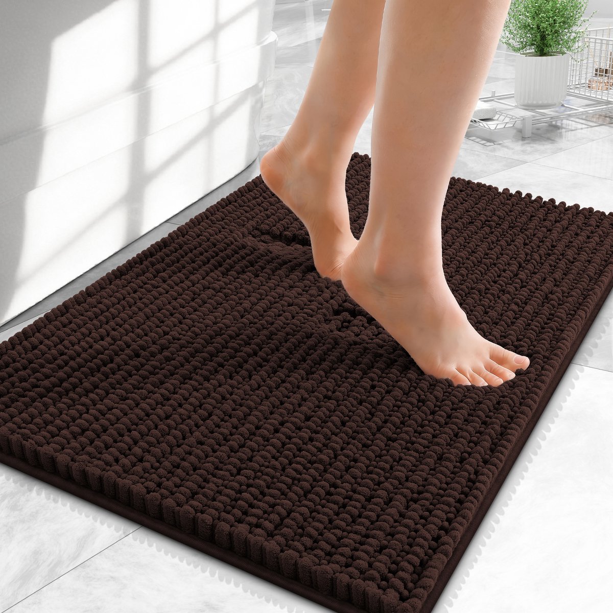 Olanly Badmat Antislip – Chenille Douchemat – Badmat Badkamer – Super Absorberend Deuropmat – Bruin – 51X76cm