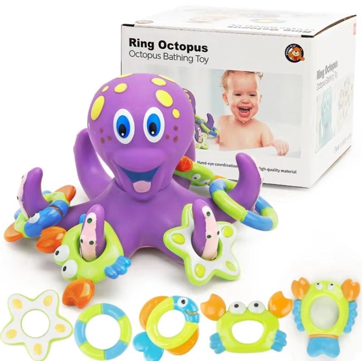 Casalora – Paarse Octopus Bad Speelgoed met 3 Ringen – Interactief Bad- en Zwembadspeelgoed voor Baby’s en Peuters – Geschikt voor Bad, Badkuip en Zwembad