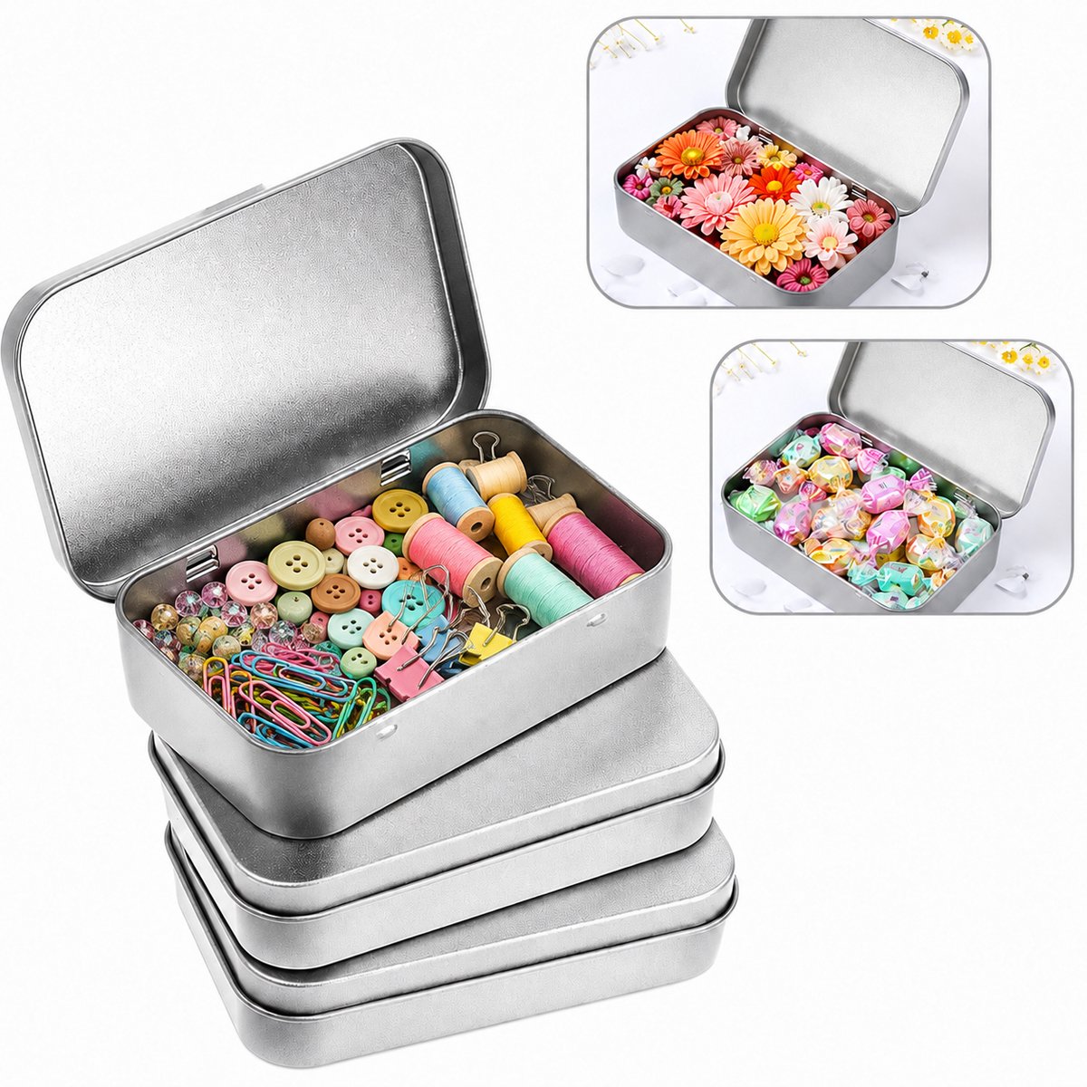 Namajunas 3 stuks mini draagbare metalen opbergdozen met deksel voor thuisgebruik, buitenactiviteiten, kleine dozen (zilver) - op reis
