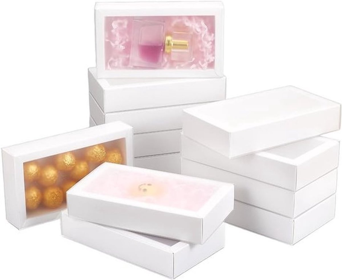 - Witte papieren geschenkdozen - Feesttraktaties - PVC ramen - Ladedozen - Sieraden en meer - Voorstelverpakking - 12 stuks, 16,2 x 9,2 x 3,2 cm