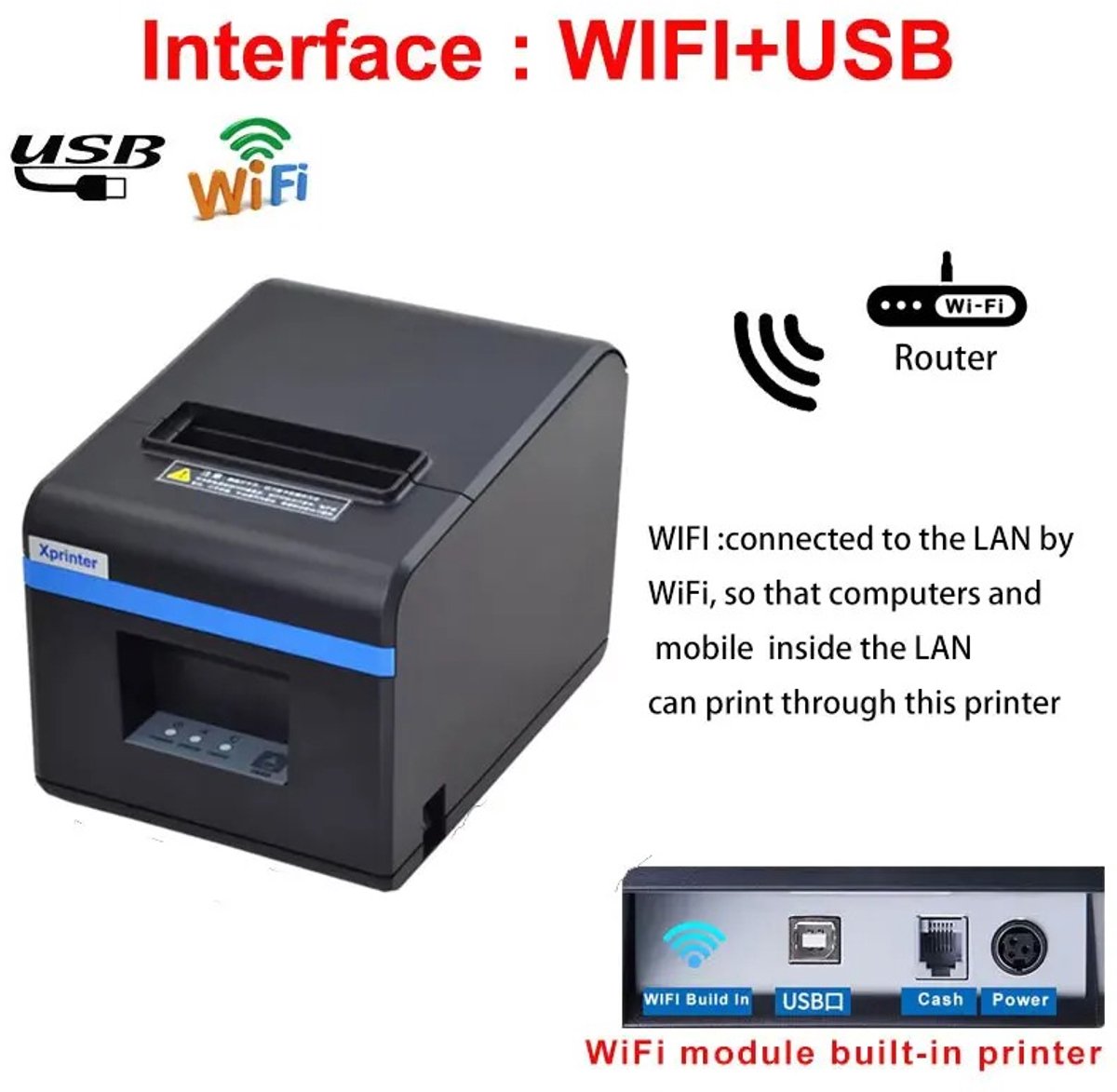 Xprinter Bonprinter - Bonprinter met Automatisch Snijden - POS Kassabonprinter - USB + LAN/Bluetooth/WiFi - 80 mm - Voor Winkel, Restaurant, ZZP’er, Thuisverkopers, Vinted verkopers, Markplaats verkopers - Zwart