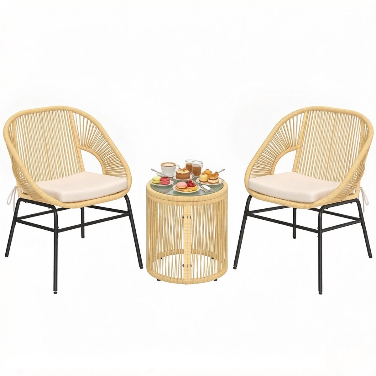 Weven tafel stoel set - twee fauteuils en een bijbehorende glazen tafel ronde tafel - hars geweven - natuurlijke kleur