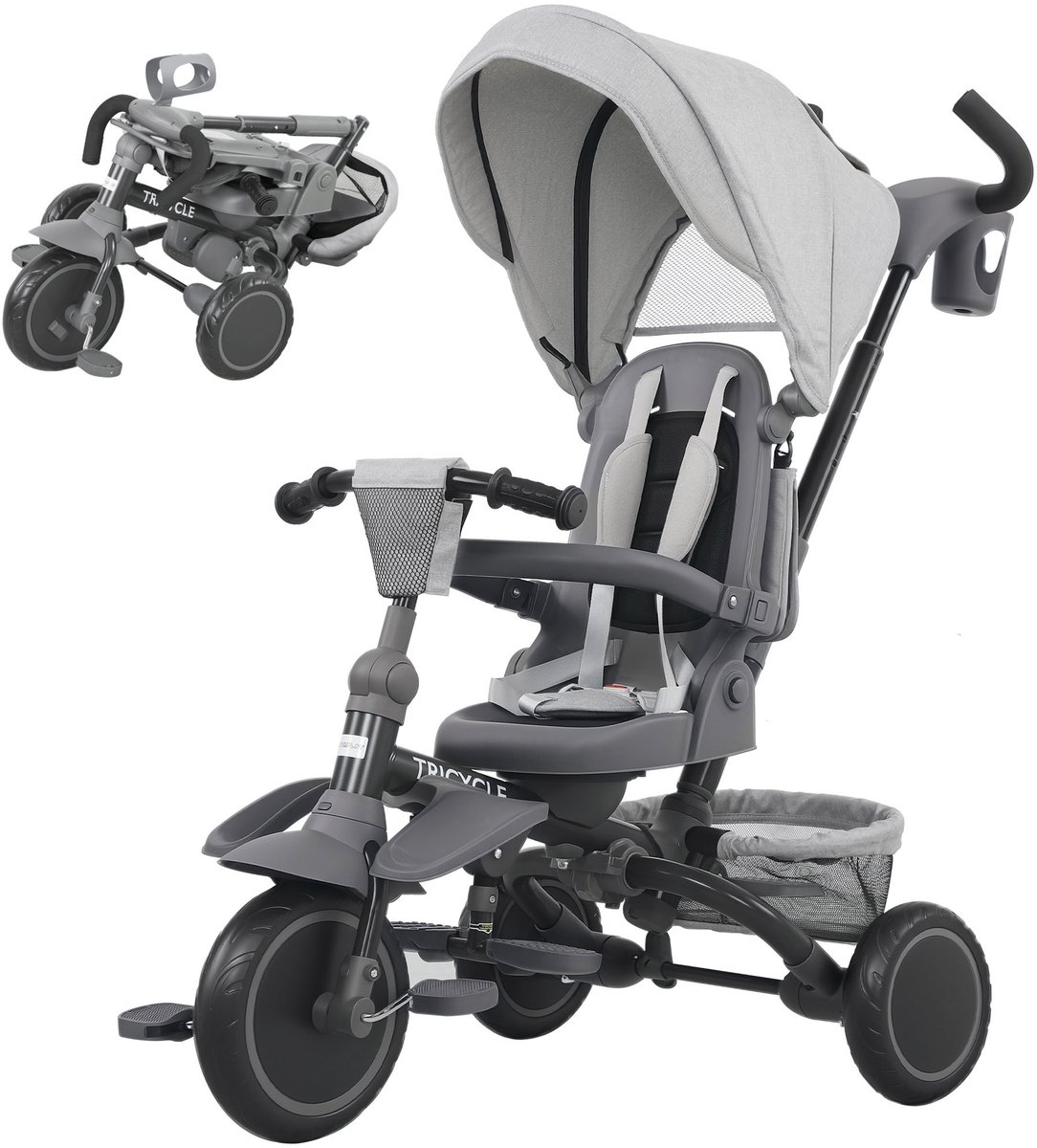 ECTEATOY® Driewieler 6-in-1 - Opvouwbare Kinderdriewieler met Verstelbare Duwstang - 360° Draaibaar Stoeltje - Grijs