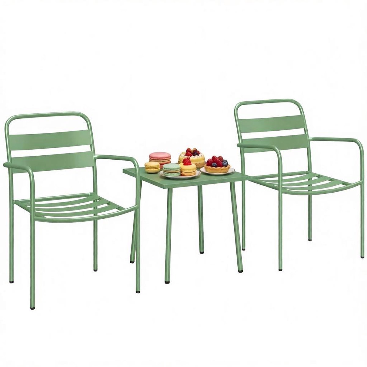 Groene tuin tafel stoel set - 2 stoelen + 1 tafel - metalen constructie - groen